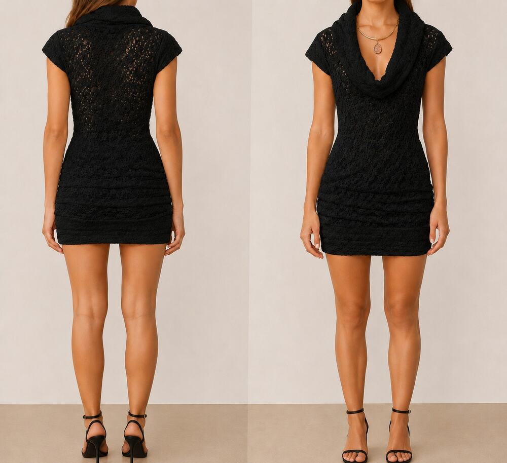 Cache Black Stretch Lace Pucker Body Hugging Dress Tunic Top New $98 NWT Sz S